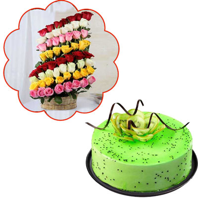 "Round shape Kiwi cake - 1kg, Flower Arrangement with 60 mixed Roses - Click here to View more details about this Product